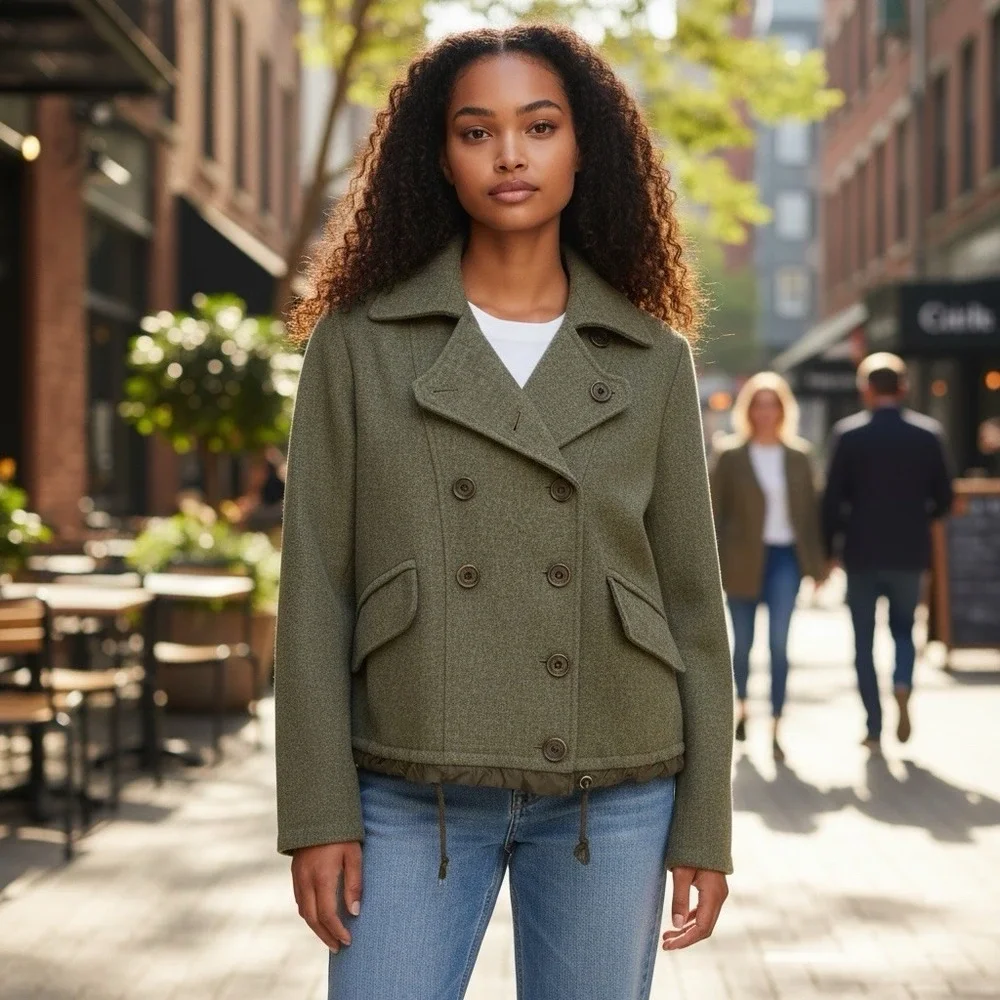 Gap Olive Wool Pea Coat Jacket Women's Size X Small Feminine Ruffle Tie Waist